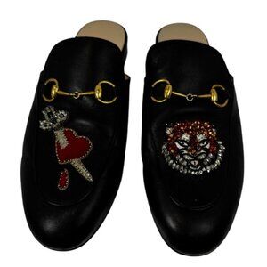 Gucci Black Leather Tiger & Pierced Heart Embroidered Slip-On Mules  Size 39 (US